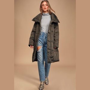 Lulus Olive Green Midi Puffer Jacket - Size S